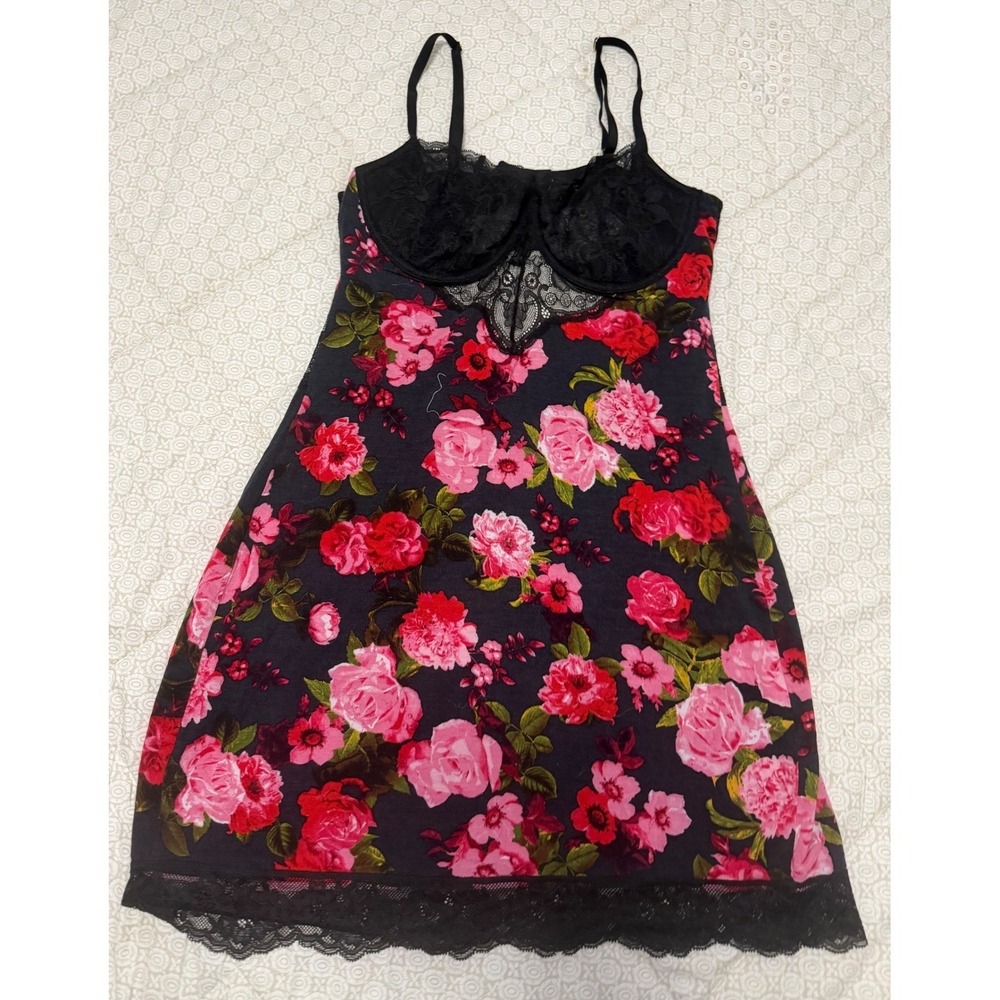 Victorias Secret Floral Lace Trim Babydoll Slip Underwire Chemise Rose  Large